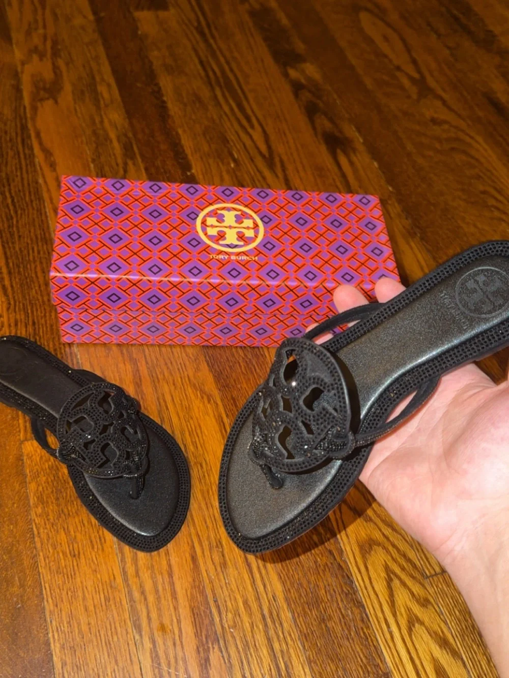 Tory Burch Black Miller Logo Thong Sandals with Cutout Medallion